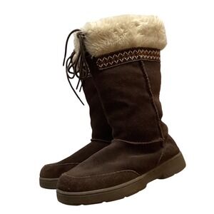 Womens Brown Suede Lace Up Fur Lined Winter Boots Size 7